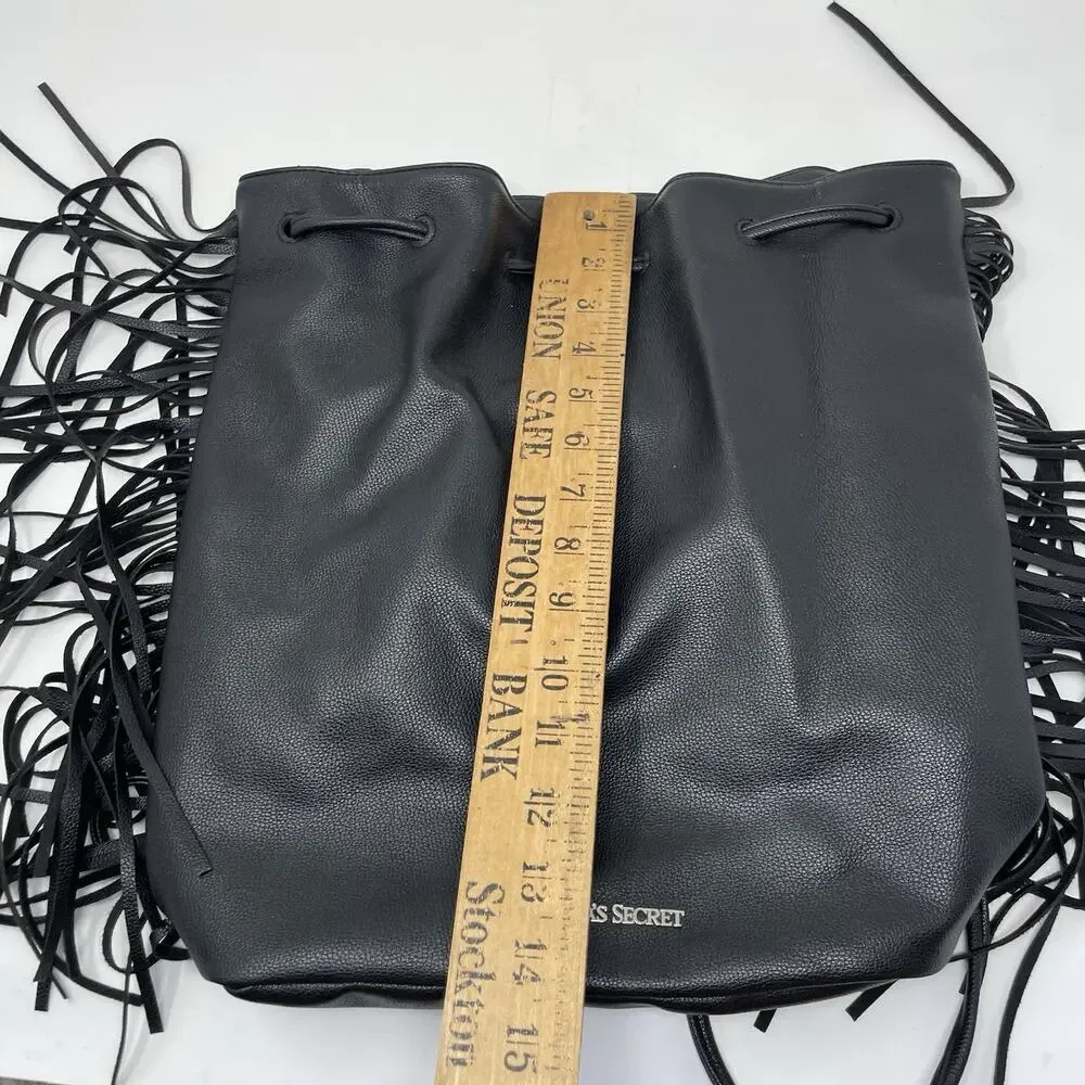 Victorias Secret VS Black Faux Leather Fringe Backpack Bag Boho Drawstring